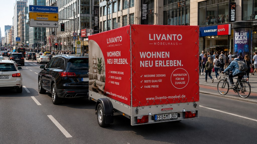 Werbeanhänger mit Beispielwerbung im Stadtverkehr